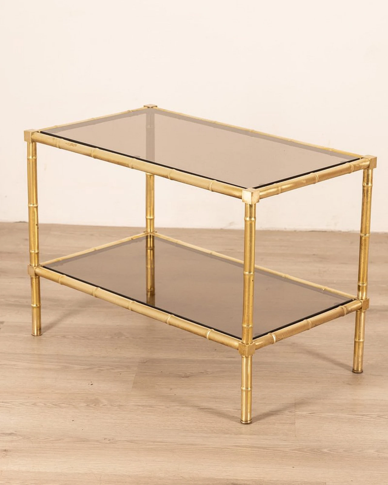 Coffee table with double top in golden brass and smoked glass, 1960s 2