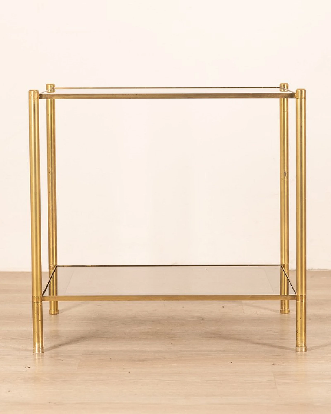 Double-top coffee table in golden brass and smoked glass, 1960s 2