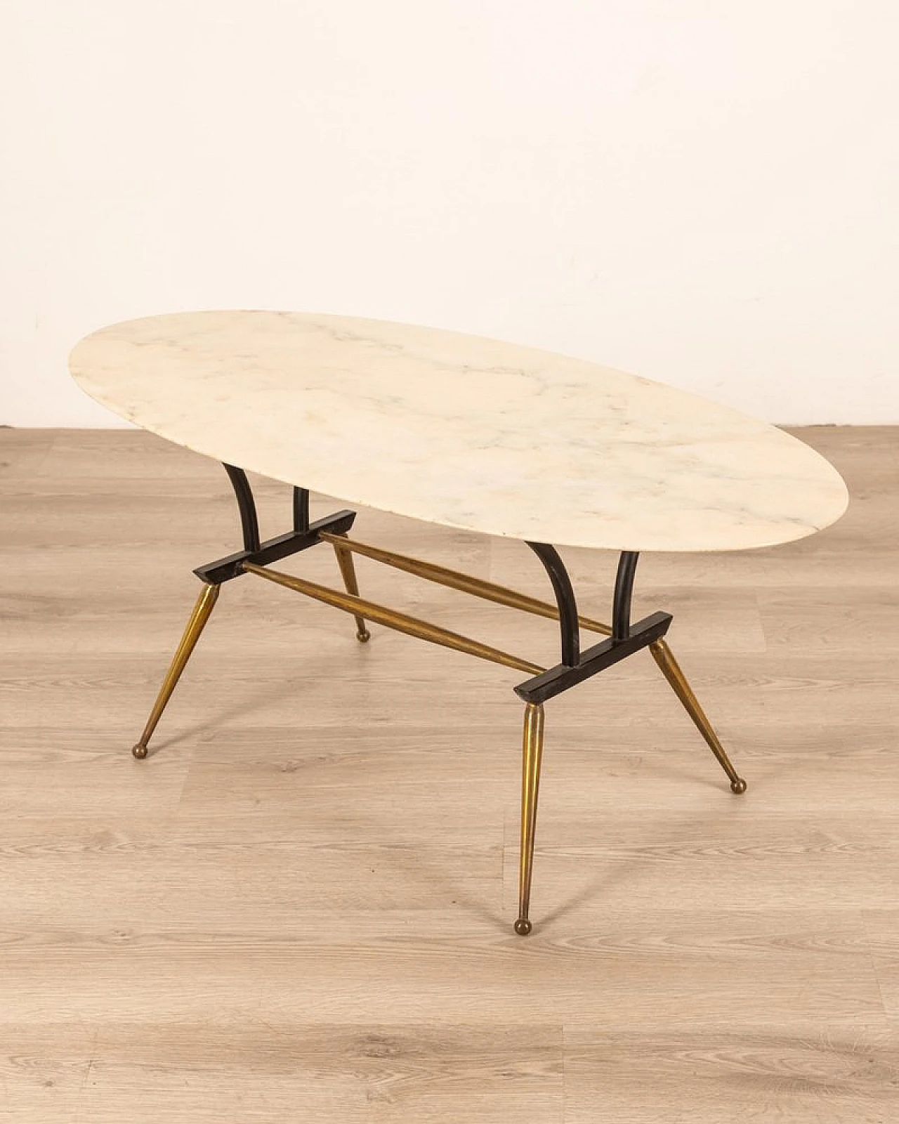 Coffee table in brass & metal with oval marble top, 1960s 2