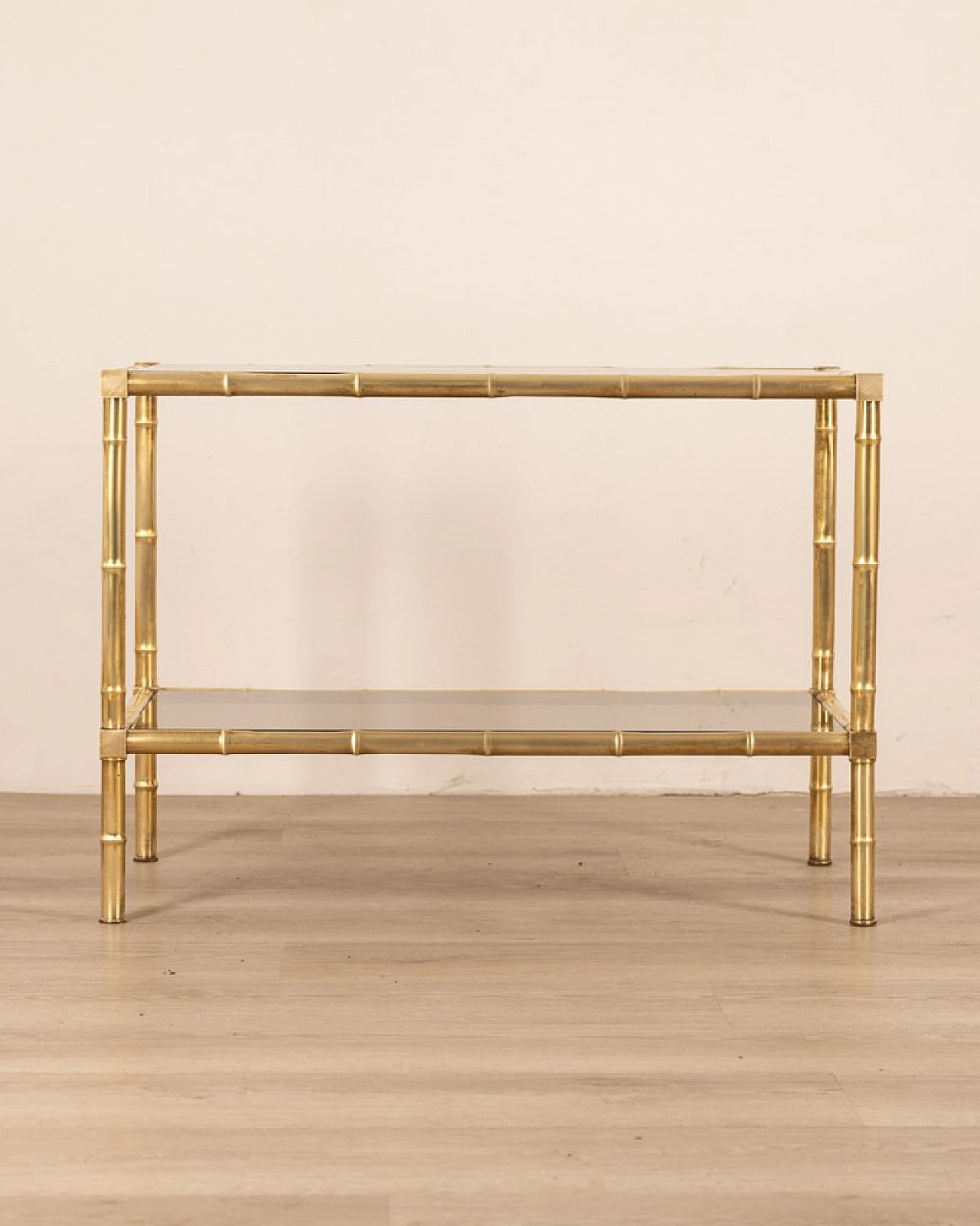 Coffee table with double top in golden brass and smoked glass, 1960s 3