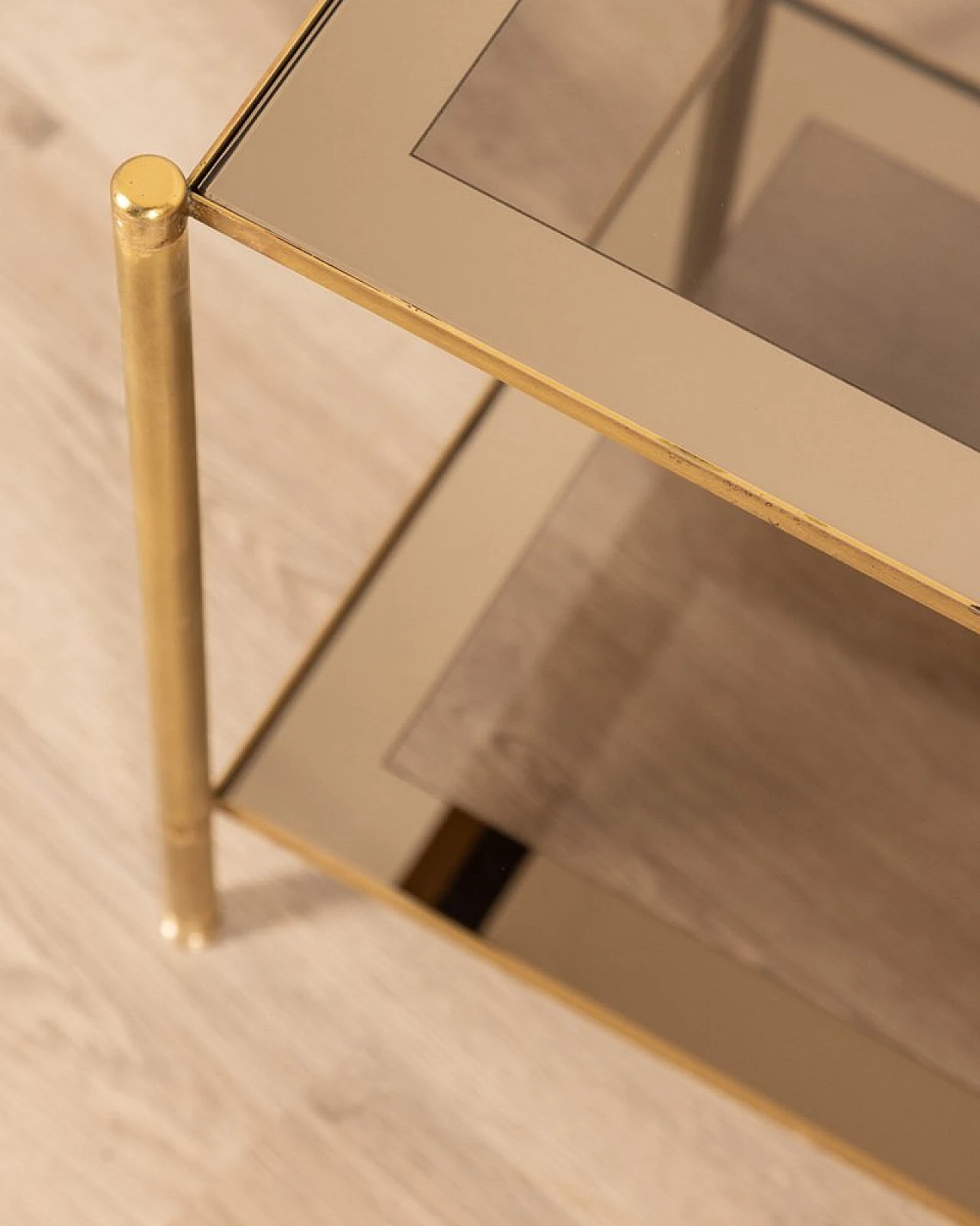 Double-top coffee table in golden brass and smoked glass, 1960s 3