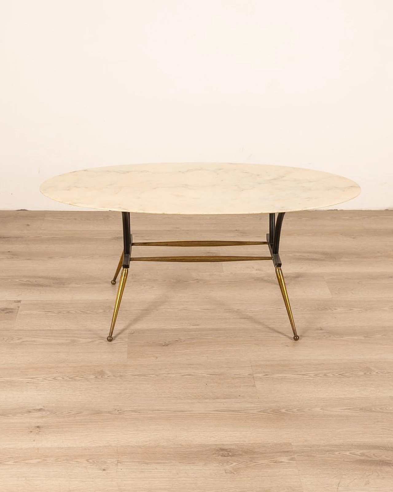 Coffee table in brass & metal with oval marble top, 1960s 3