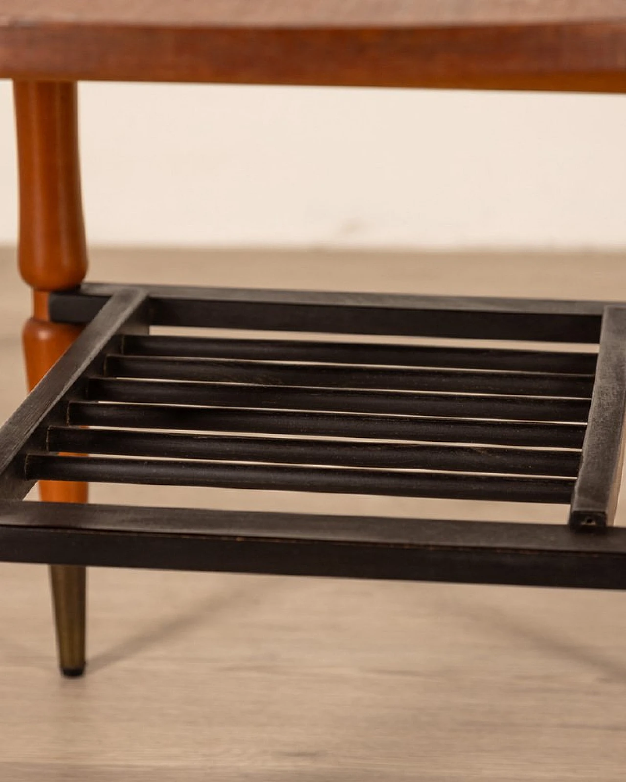 Round wood and brass coffee table with black top, 1960s 4