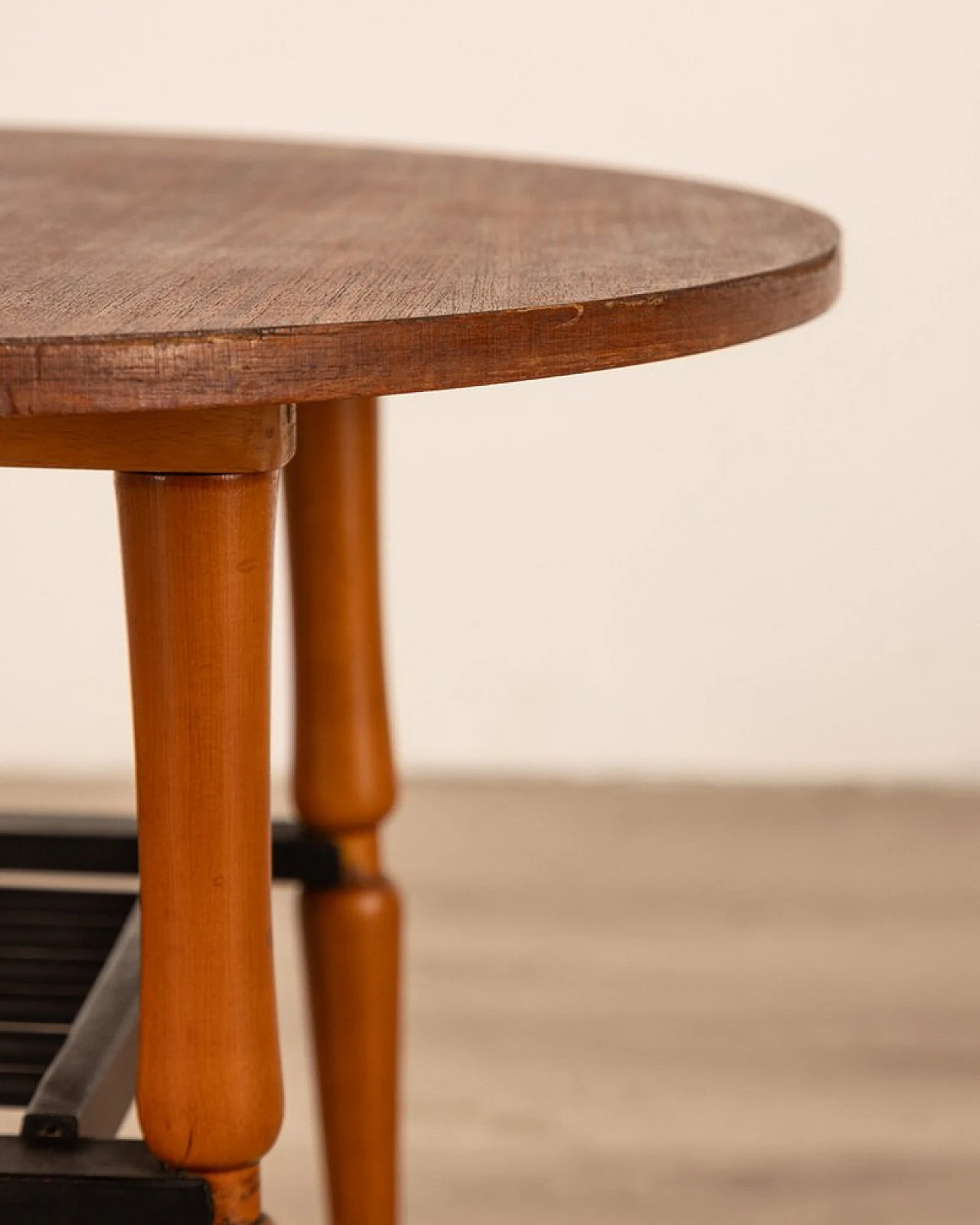 Round wood and brass coffee table with black top, 1960s 5