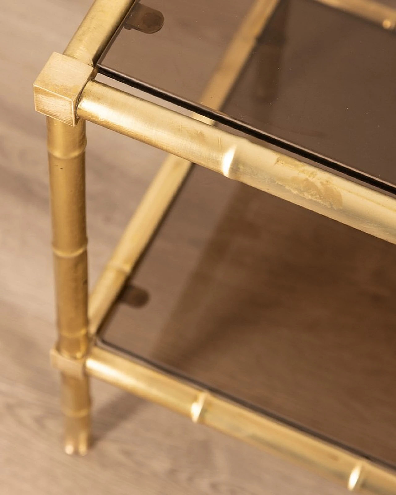 Coffee table with double top in golden brass and smoked glass, 1960s 5