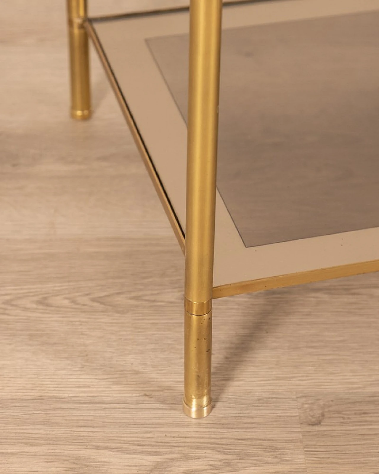 Double-top coffee table in golden brass and smoked glass, 1960s 5