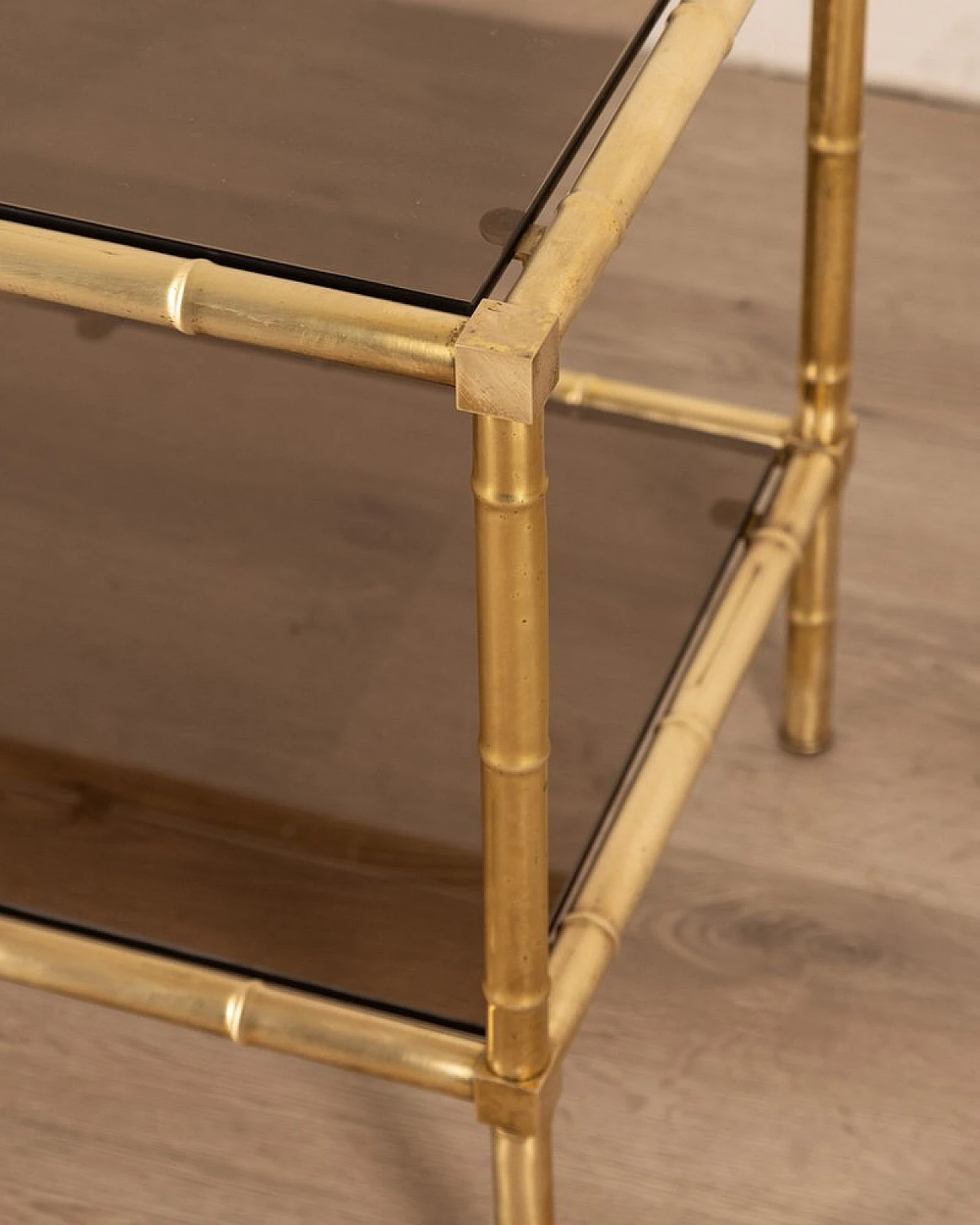 Coffee table with double top in golden brass and smoked glass, 1960s 6