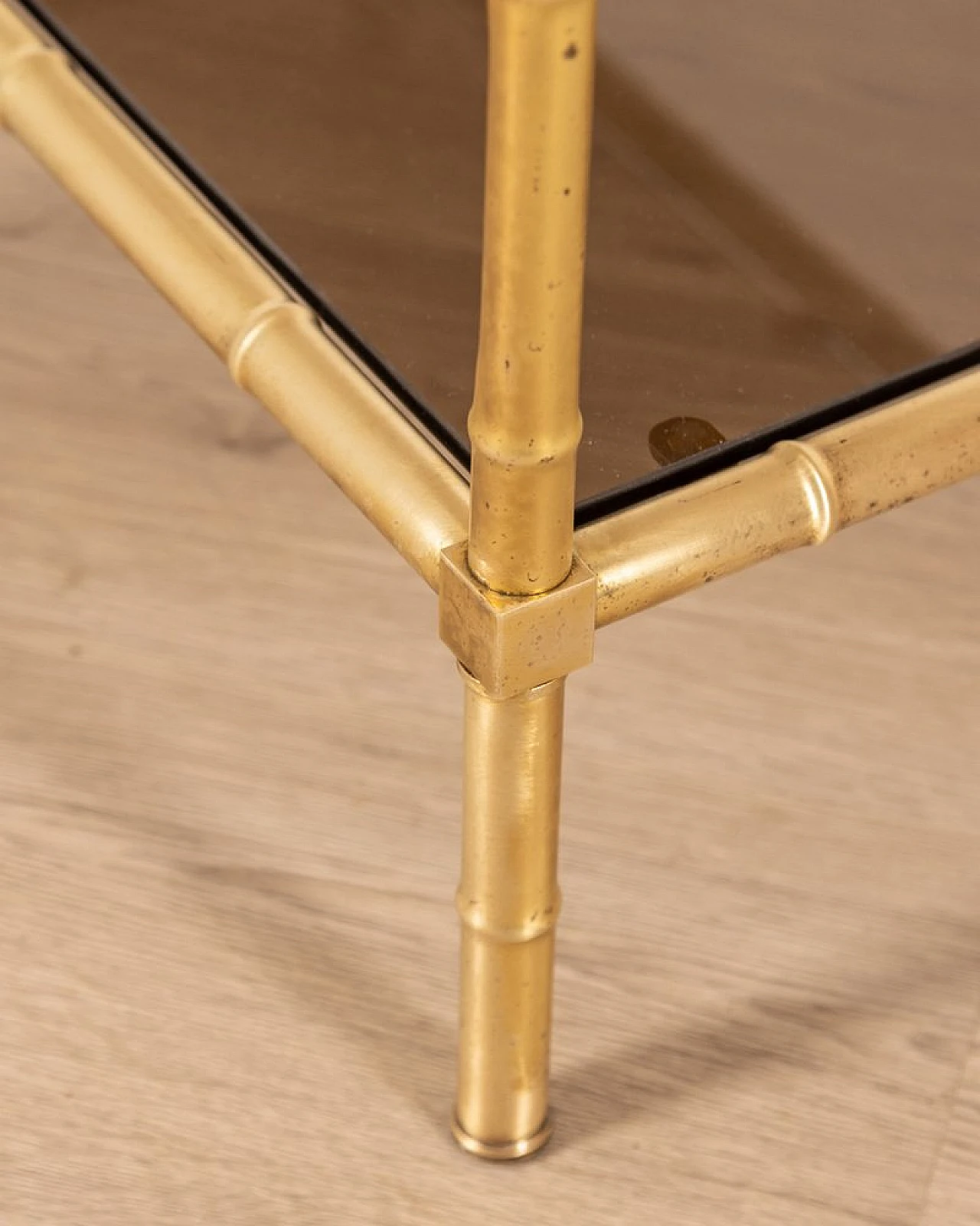 Double-top coffee table in golden brass and smoked glass, 1960s 6