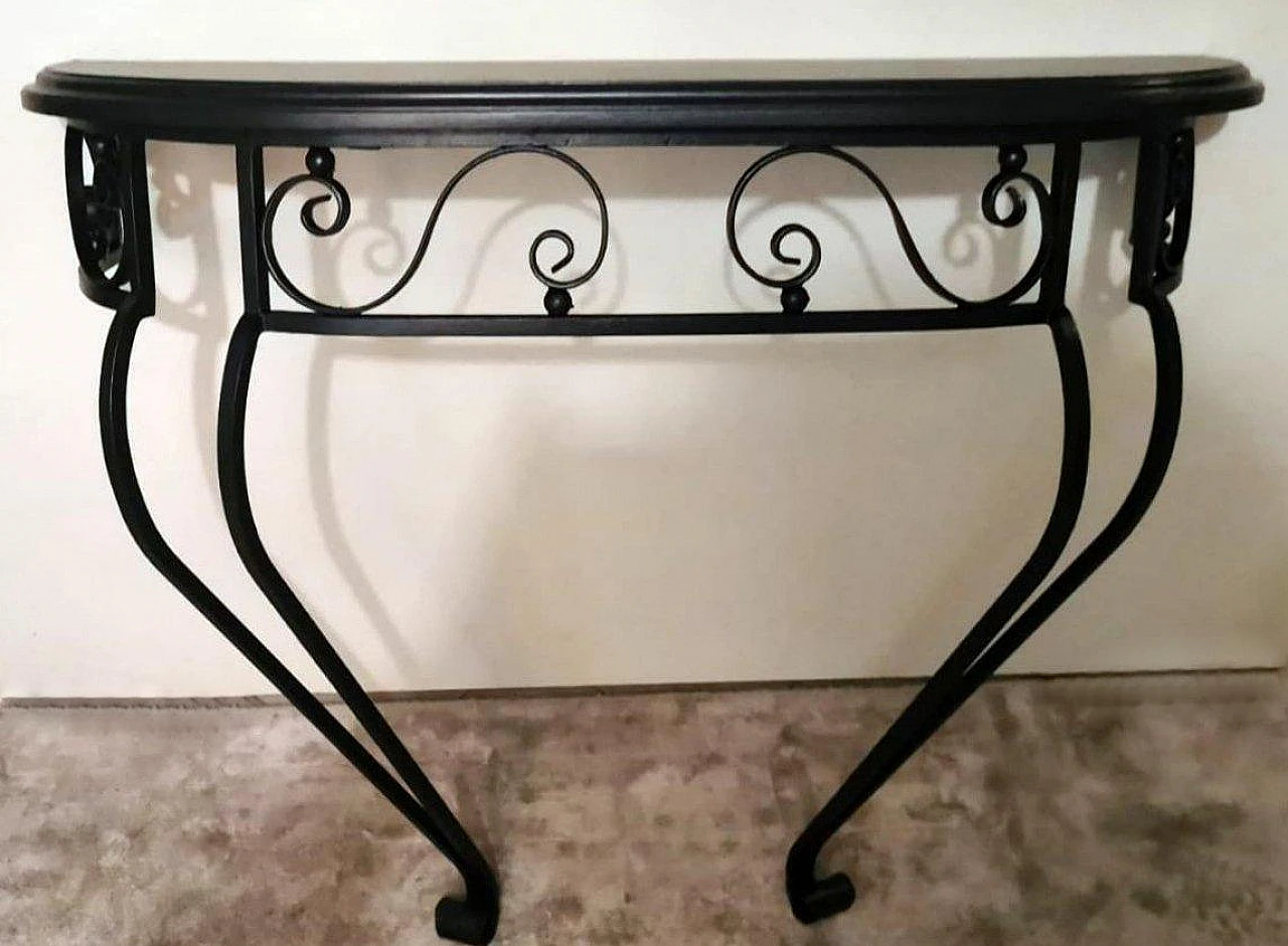 Wrought iron wall console table with wooden top, 1930s 2