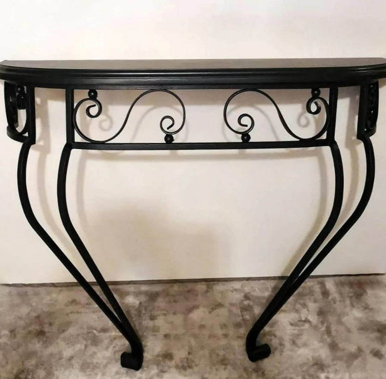 Wrought iron wall console table with wooden top, 1930s 7