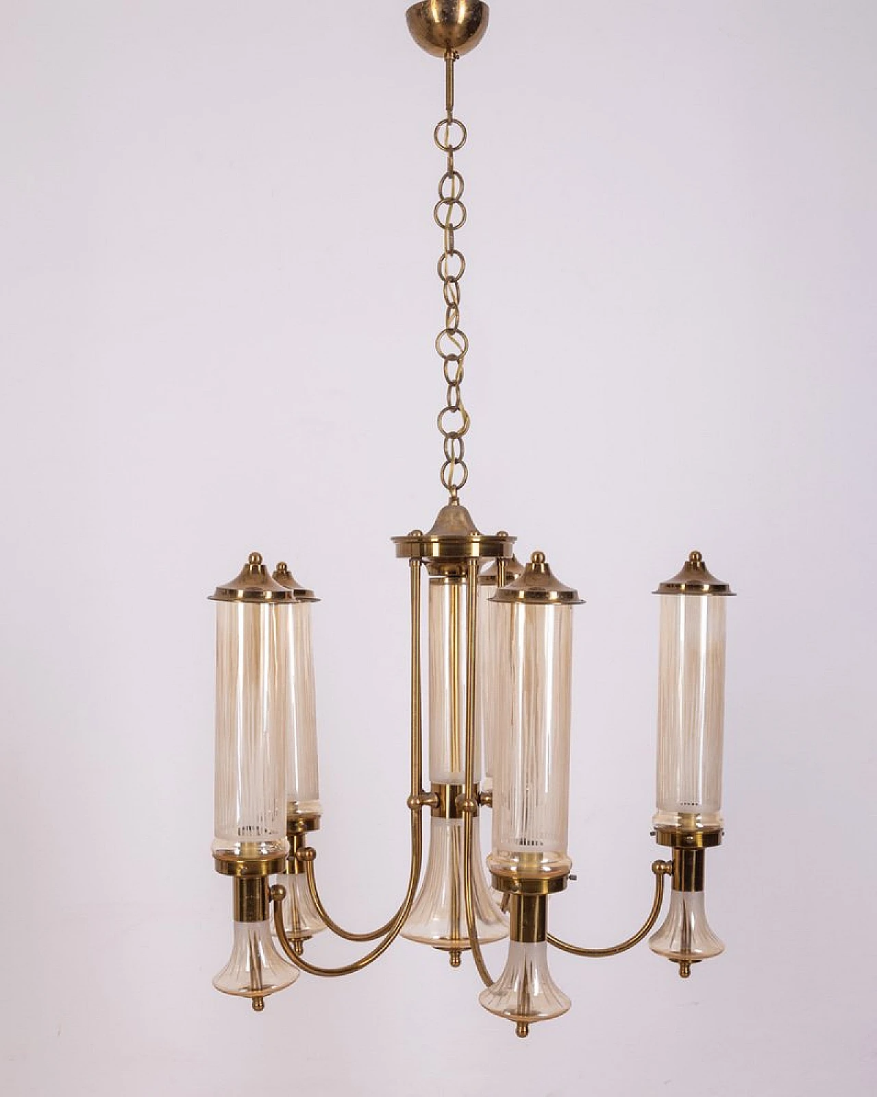 6-Light chandelier in gilded brass and decorated glass, 1960s 1