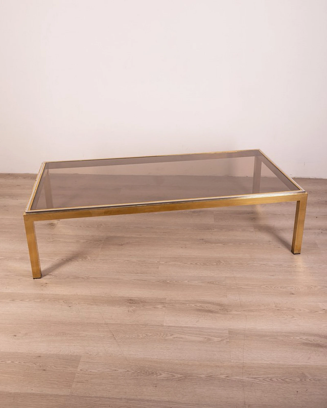 Rectangular coffee table in smoked glass and brass, 1960s 1