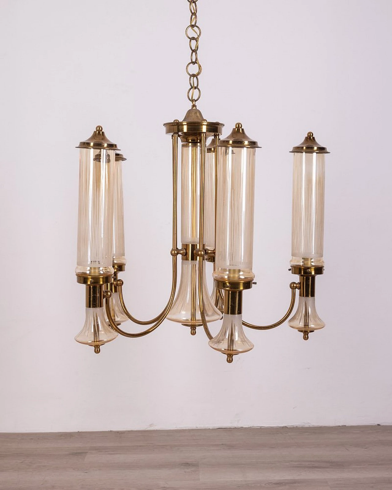 6-Light chandelier in gilded brass and decorated glass, 1960s 2