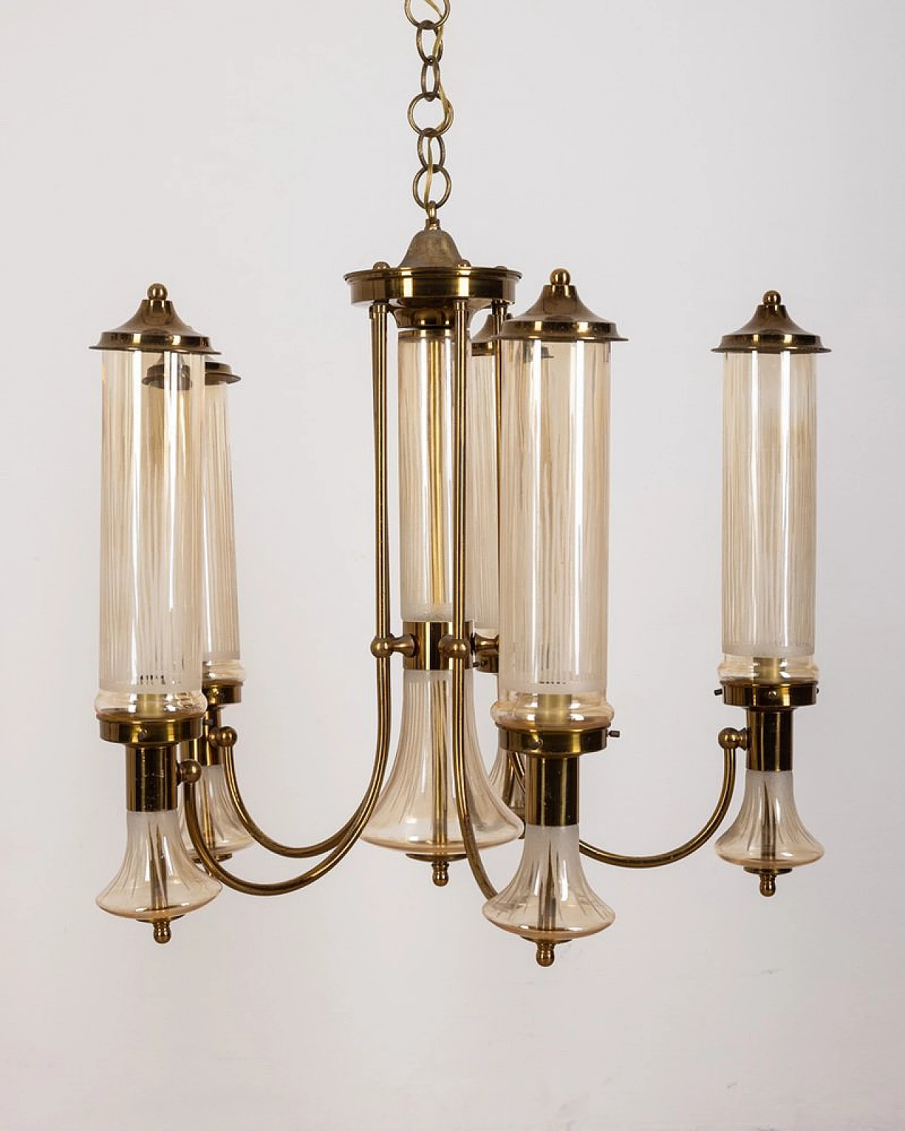 6-Light chandelier in gilded brass and decorated glass, 1960s 3