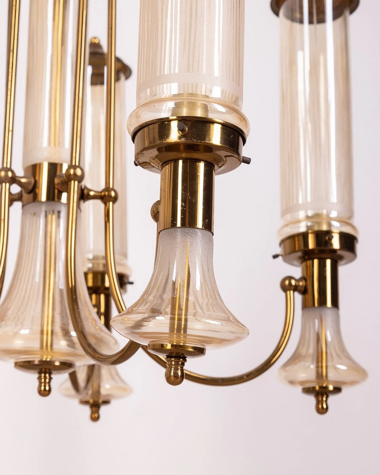 6-Light chandelier in gilded brass and decorated glass, 1960s 6