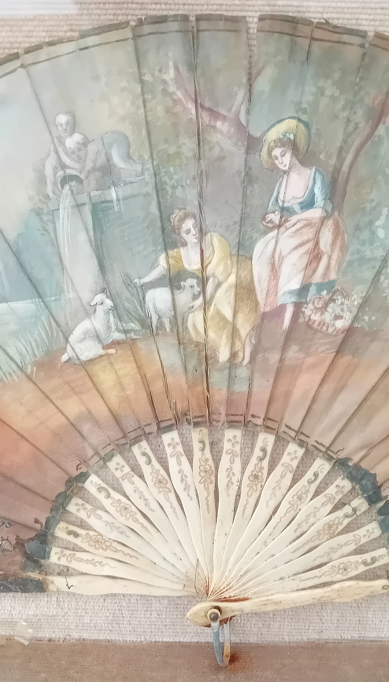 French painted fabric fan with display case, late 19th century 2