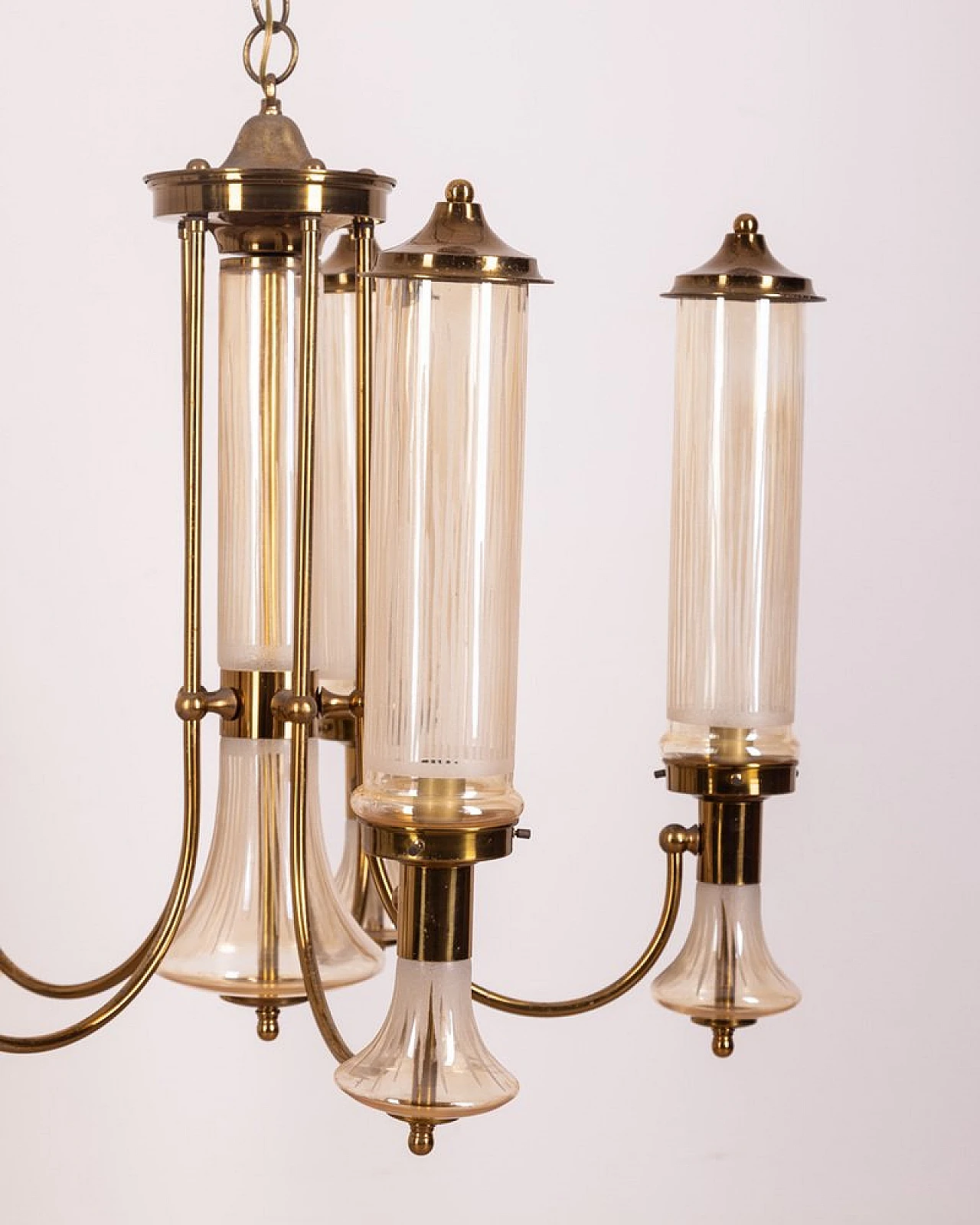 6-Light chandelier in gilded brass and decorated glass, 1960s 11