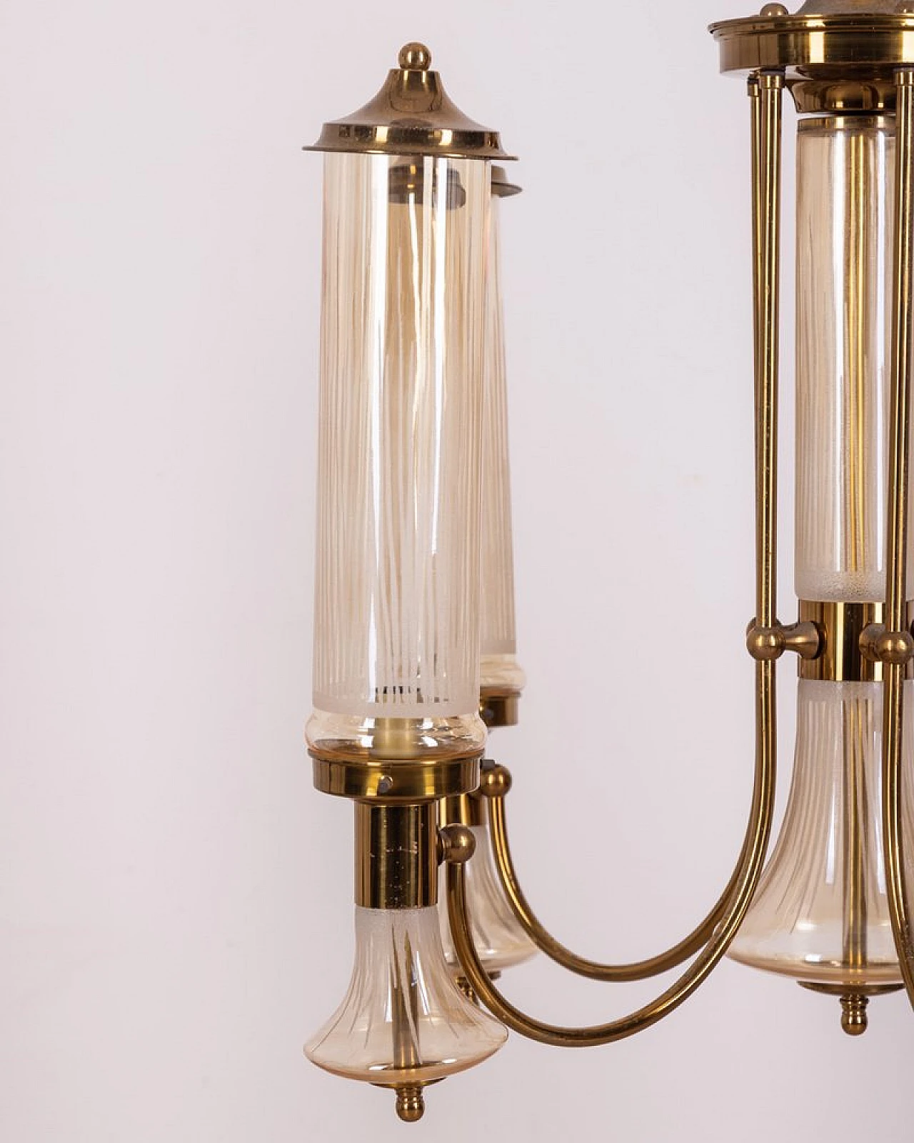 6-Light chandelier in gilded brass and decorated glass, 1960s 12