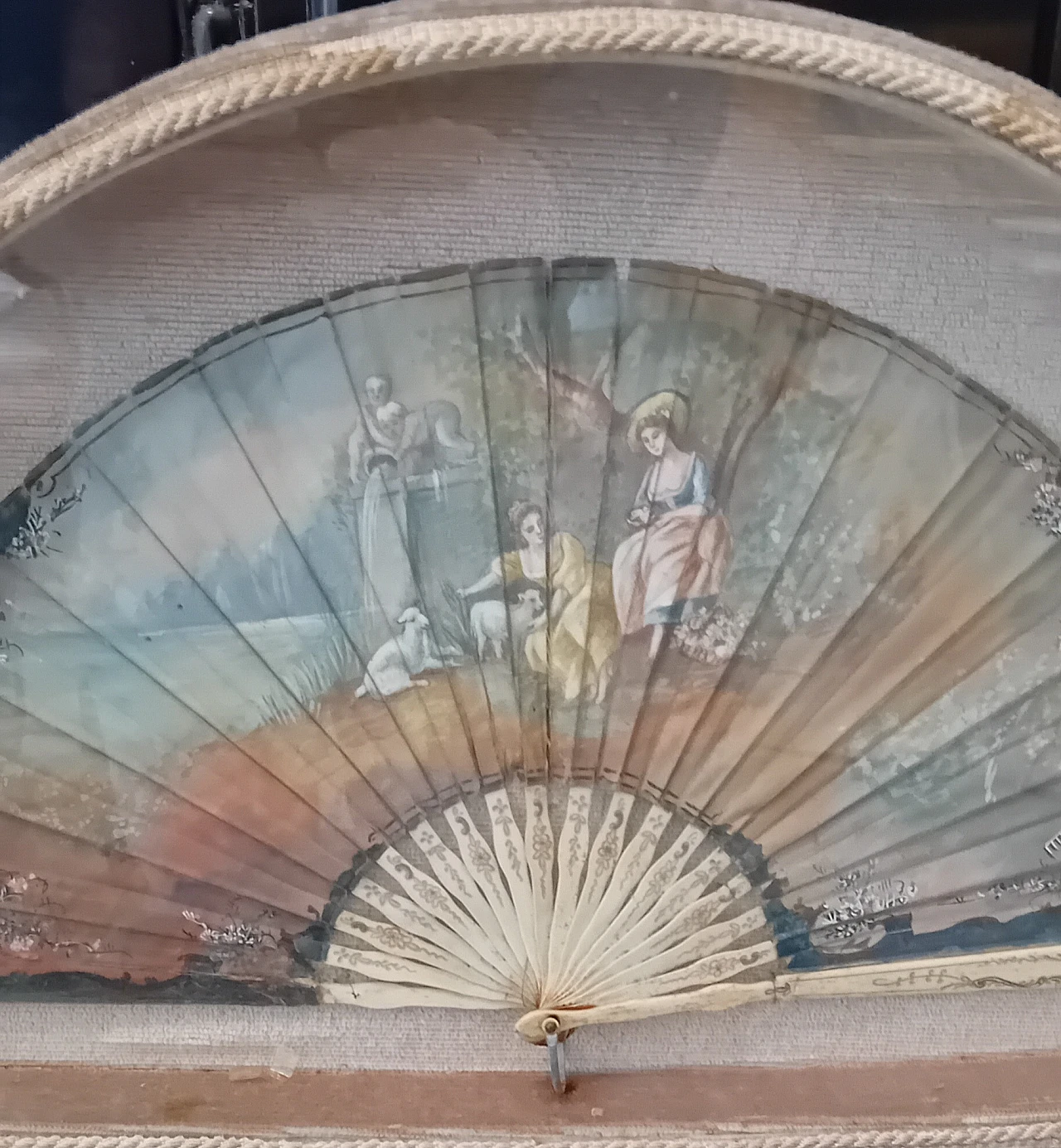 French painted fabric fan with display case, late 19th century 6