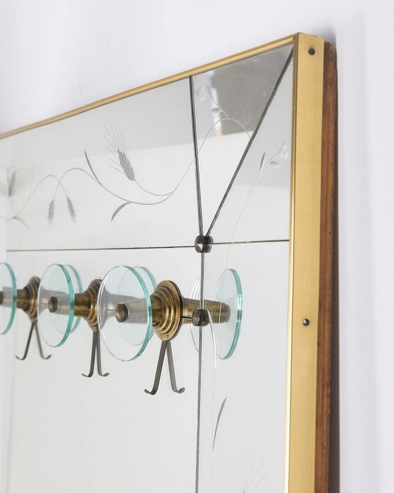Mirror with clothes hanger in brass and wood by Cristal Art, 1950s 7