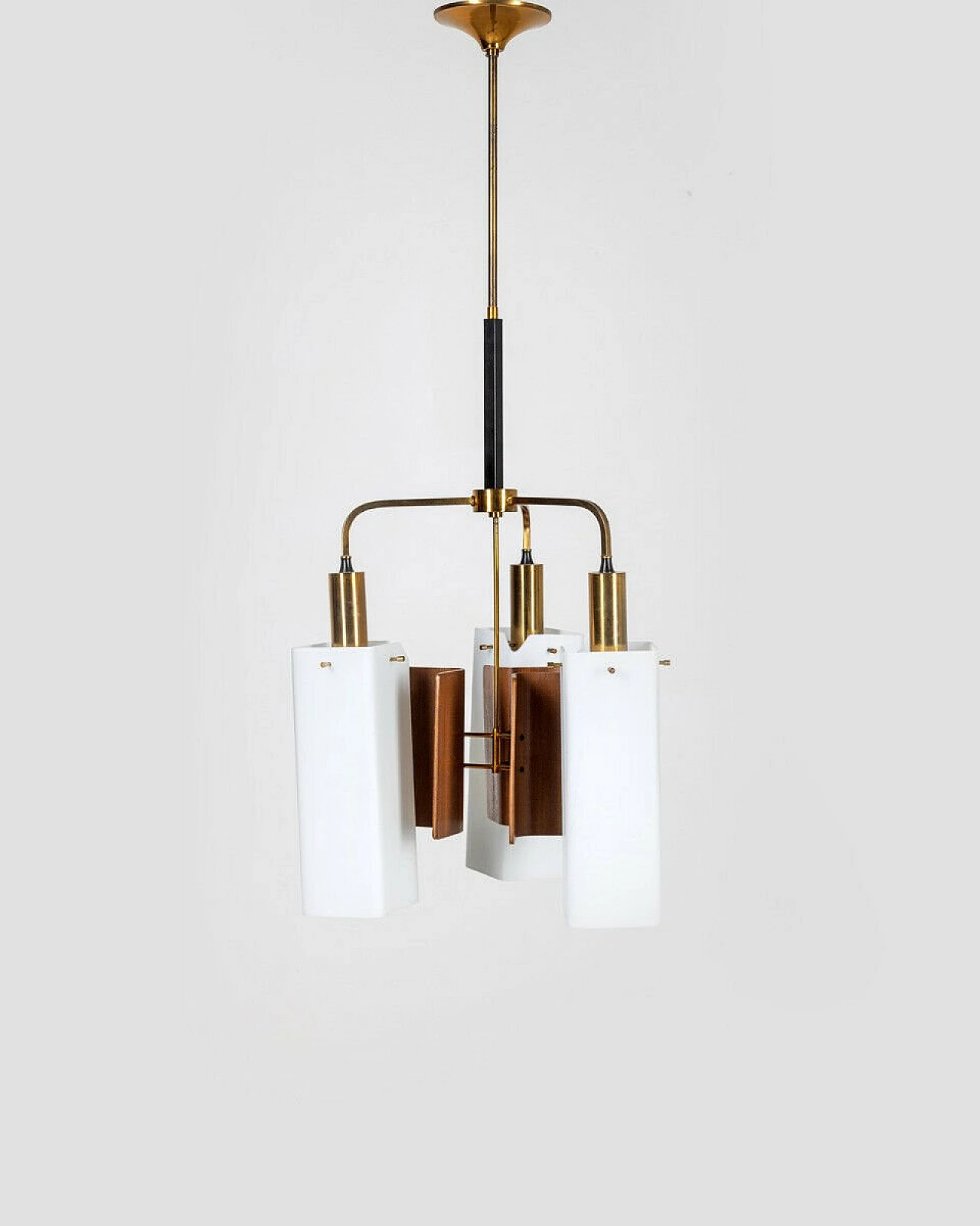 Chandelier in brass and wood with glass lampshade, 1950s 1