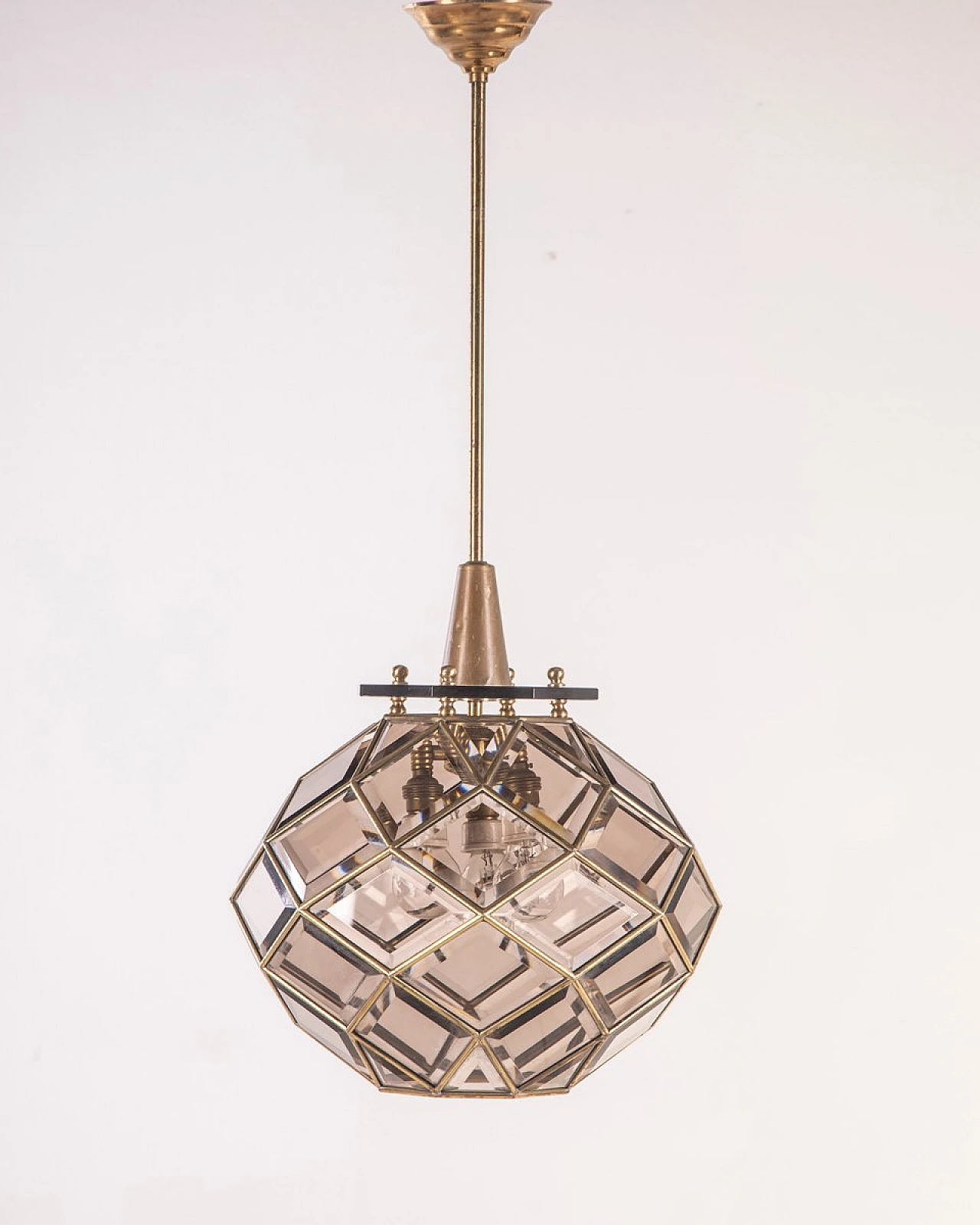 Glass and golden brass chandelier with 3 lights, 1950s 1