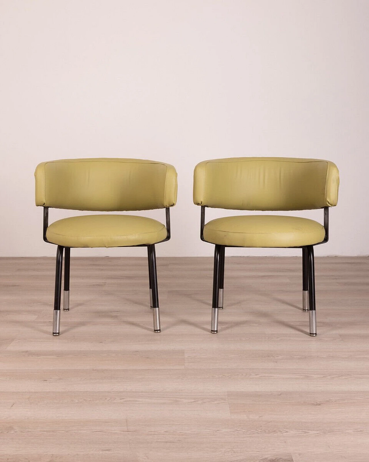 Pair of armchairs in green leatherette and black metal, 1970s 2