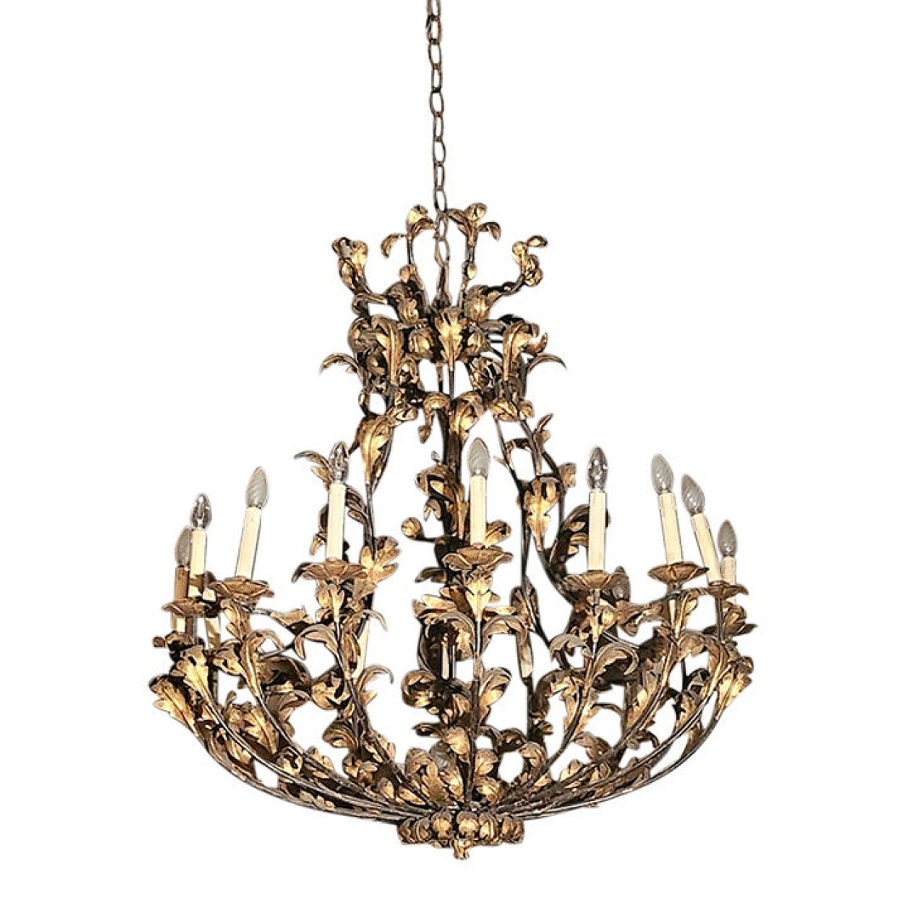 Fifteen-light hand-carved wrought iron chandelier, early 20th century 1