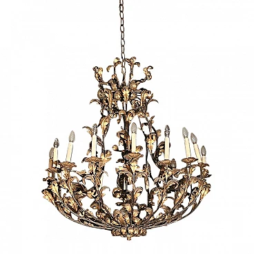 Fifteen-light hand-carved wrought iron chandelier, early 20th century