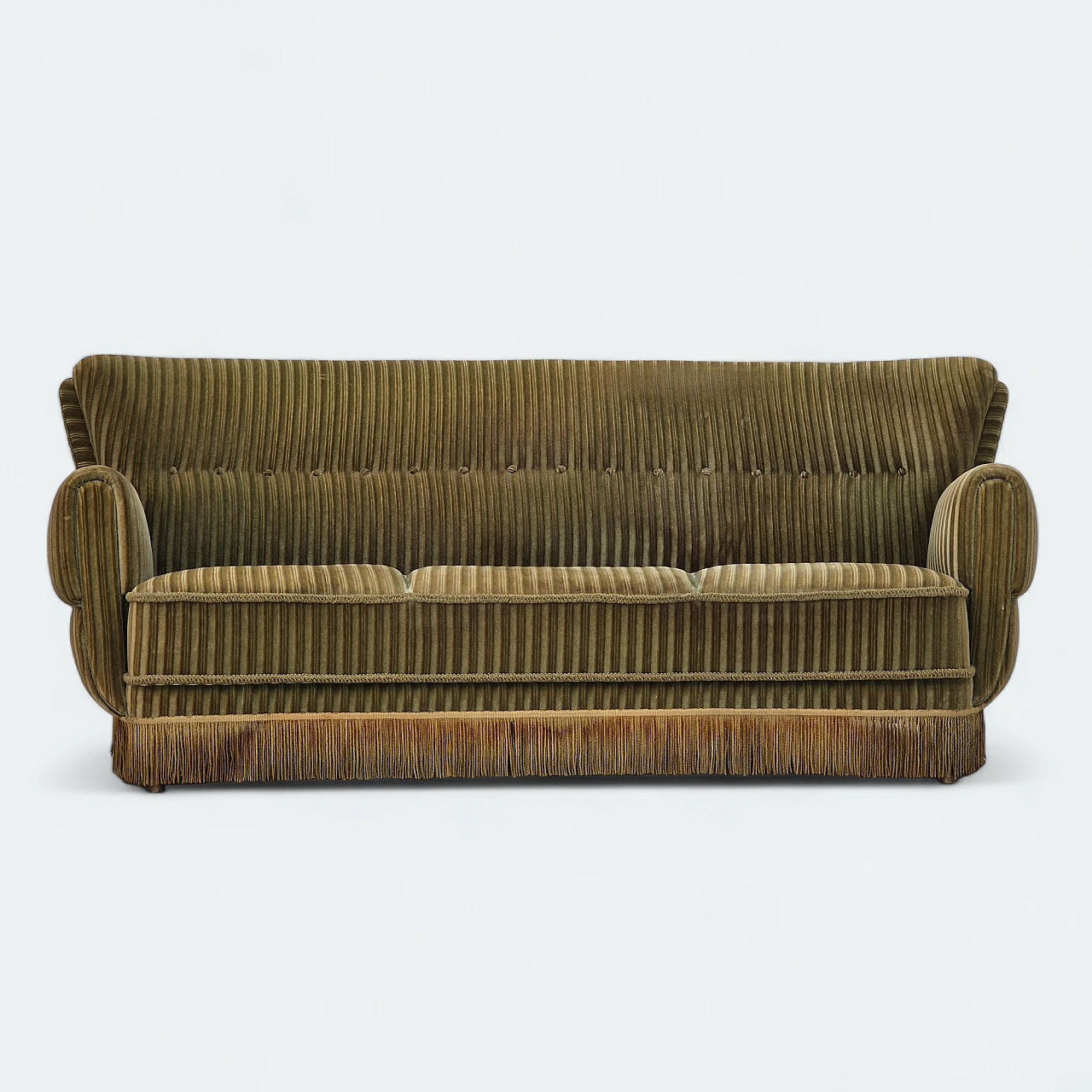 Danish green velvet and beech curved sofa, 1960s 1