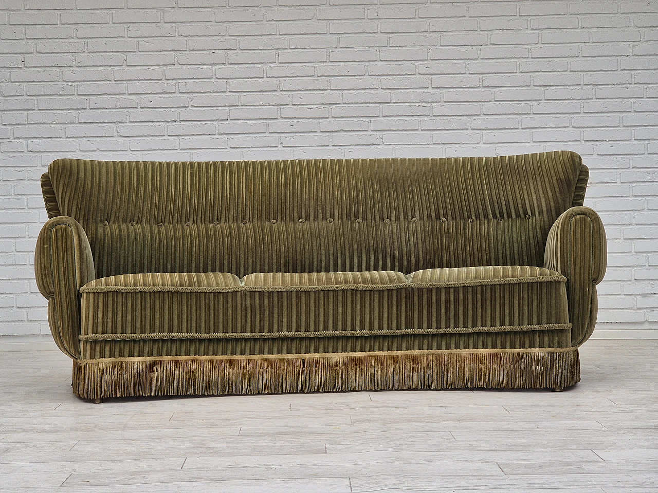 Danish green velvet and beech curved sofa, 1960s 2