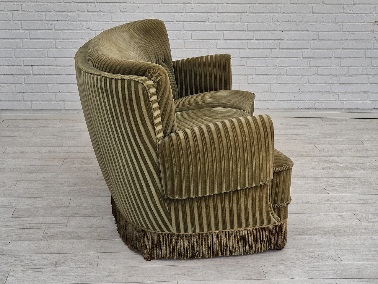 Danish green velvet and beech curved sofa, 1960s 7