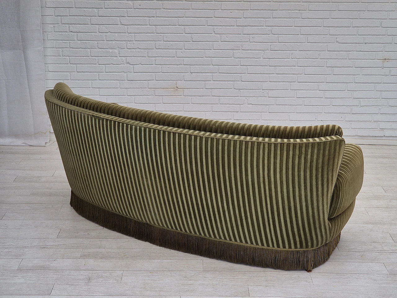 Danish green velvet and beech curved sofa, 1960s 8