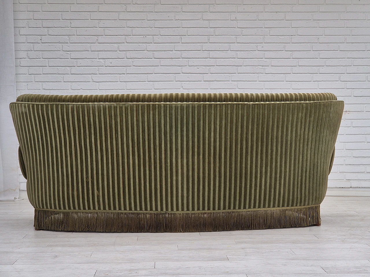 Danish green velvet and beech curved sofa, 1960s 9