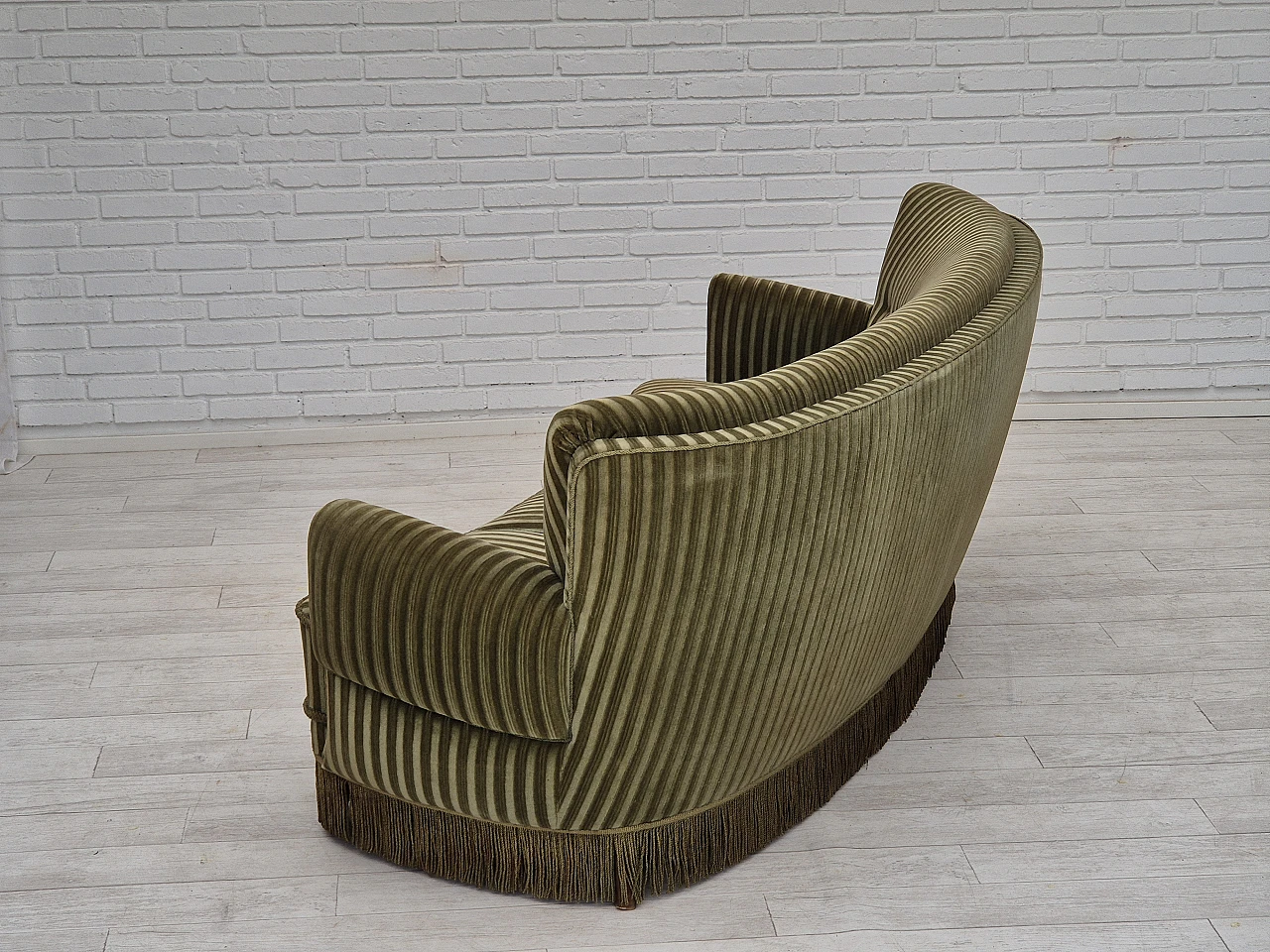 Danish green velvet and beech curved sofa, 1960s 10