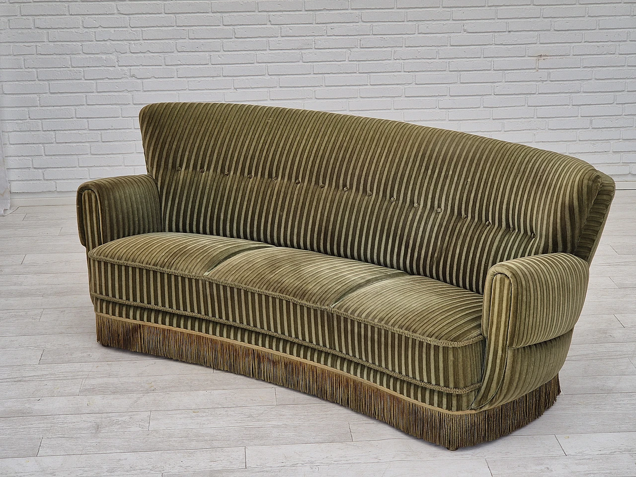 Danish green velvet and beech curved sofa, 1960s 16