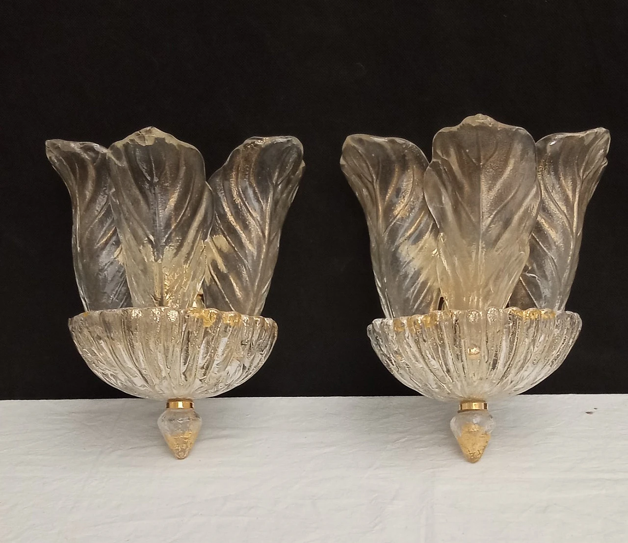 Pair of Murano glass leaf wall lamps, 1980s 1