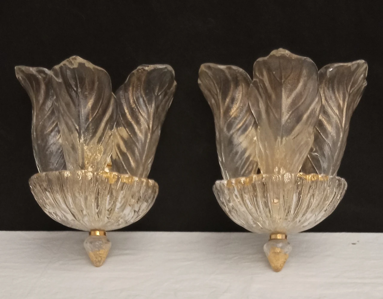 Pair of Murano glass leaf wall lamps, 1980s 10