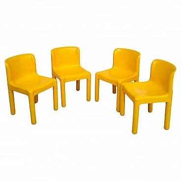 4 Yellow plastic chairs 4875 by Carlo Bartoli for Kartell, 1970s