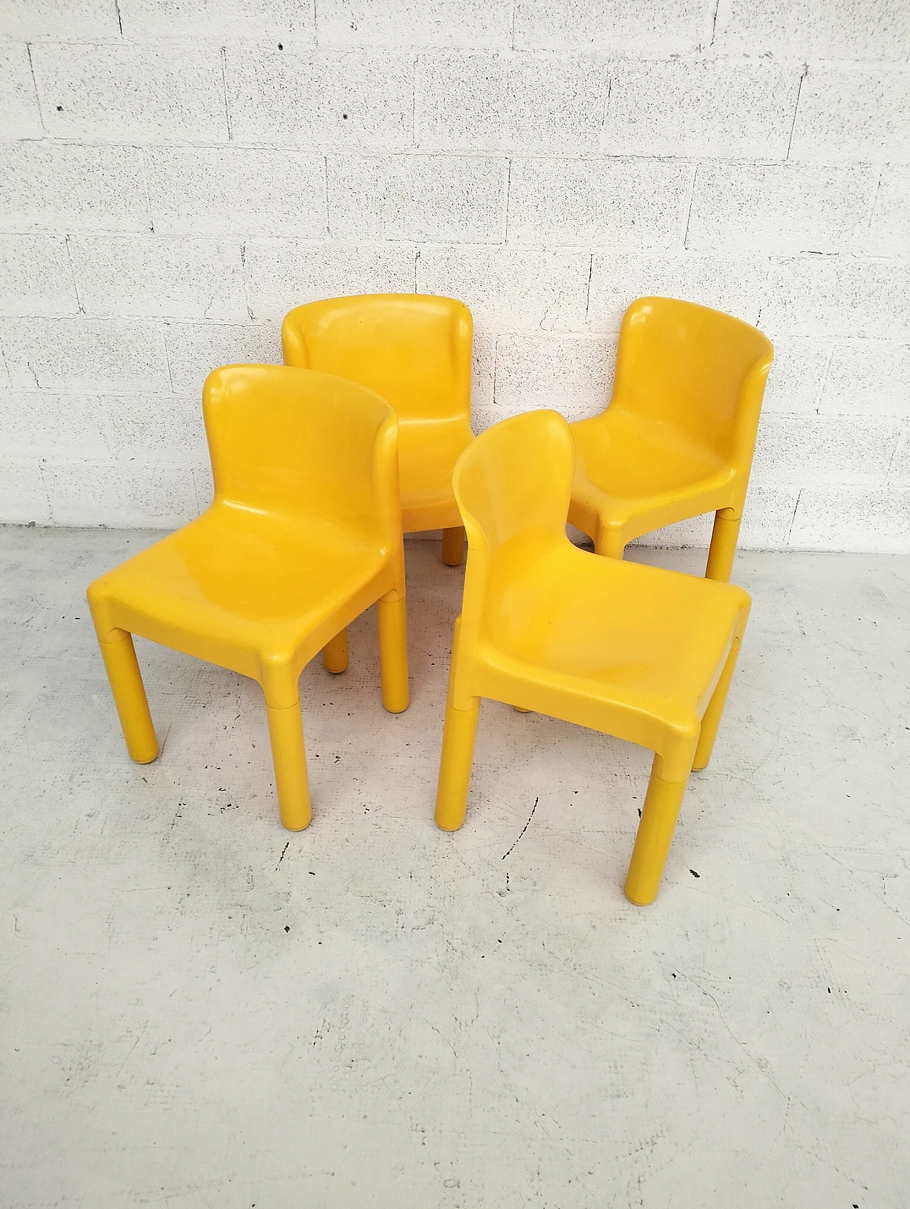 4 Yellow plastic chairs 4875 by Carlo Bartoli for Kartell, 1970s 3