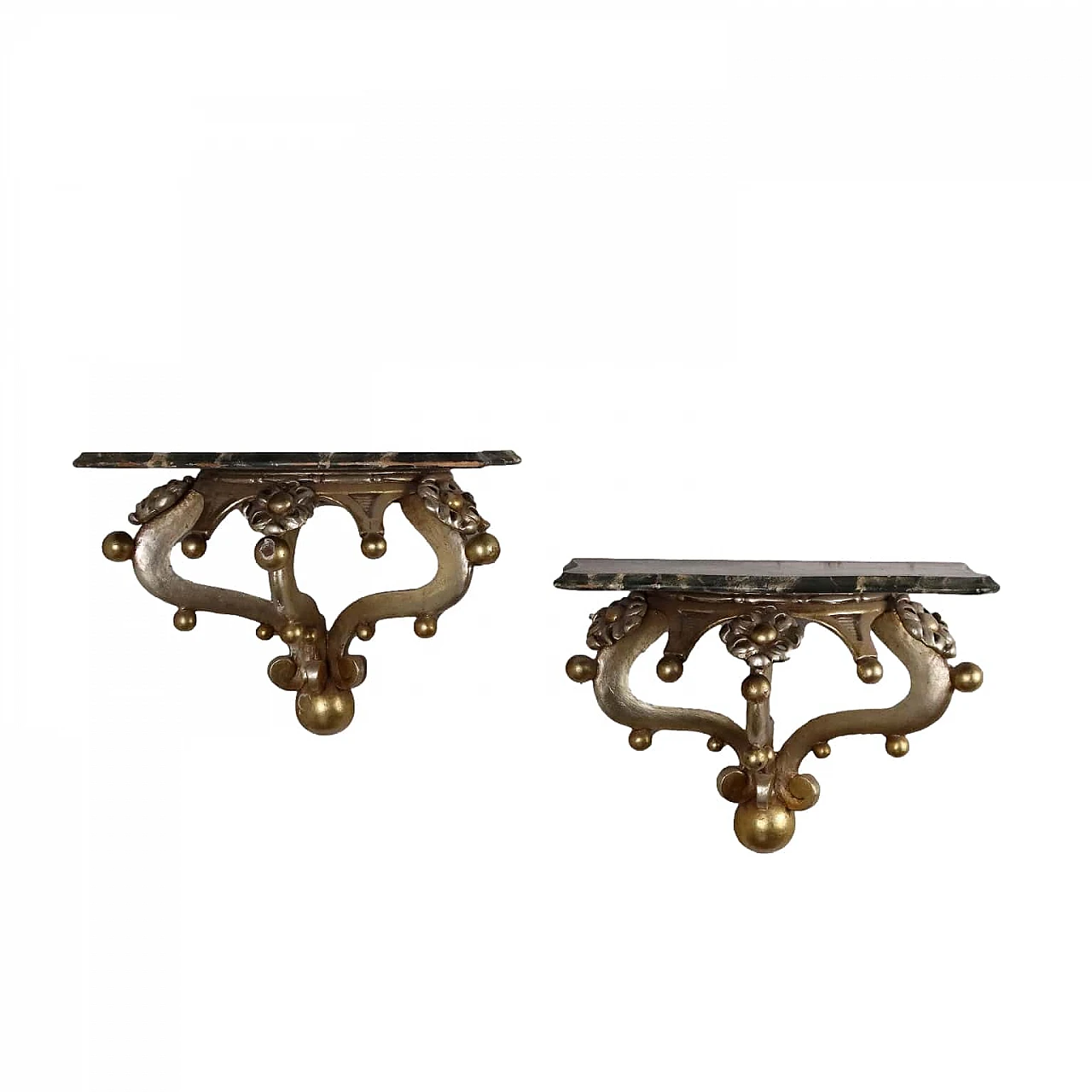 Pair of carved and gilded wooden shelves with marbled top 1