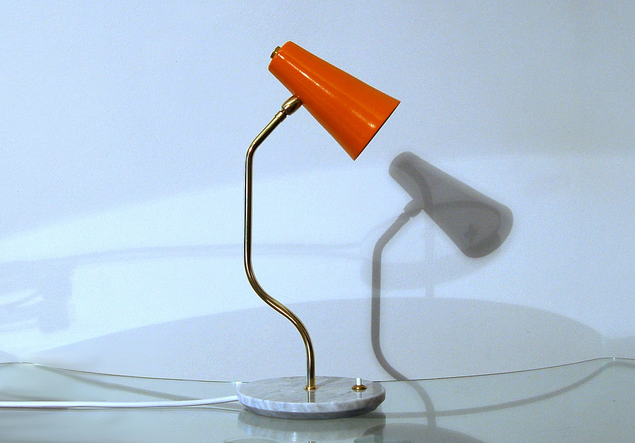 Orange table lamp in brass with marble base in Stilnovo's style 1