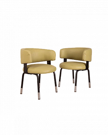 Pair of armchairs in green leatherette and black metal, 1970s