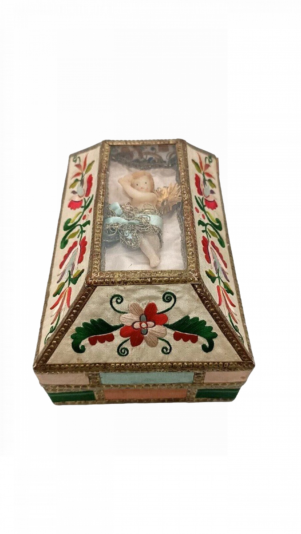 Embroidered fabric box with shrine and wax Baby Jesus, 19th century 2