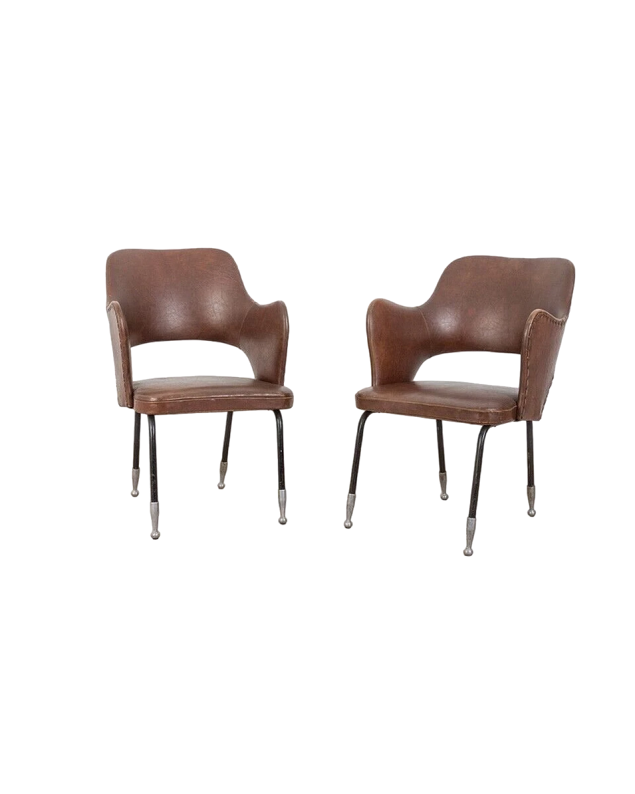 Pair of armchairs in brown leather and black metal legs, 1960s 8