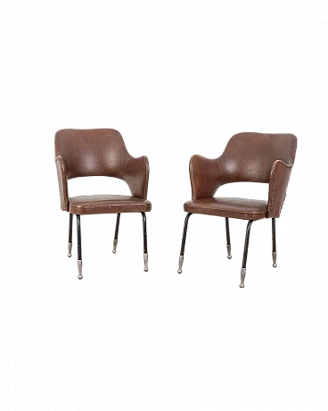 Pair of armchairs in brown leather and black metal legs, 1960s