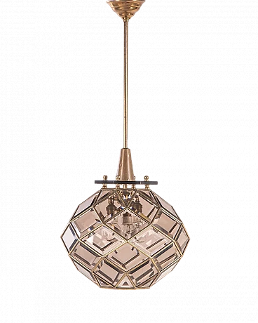 Glass and golden brass chandelier with 3 lights, 1950s
