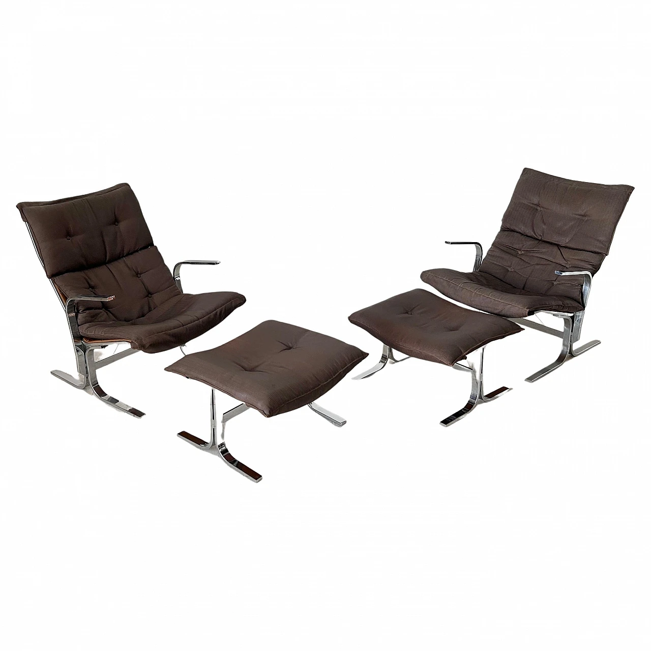 Pair of Siesta armchairs with pouf in fabric & steel by Relling, 1970s 1