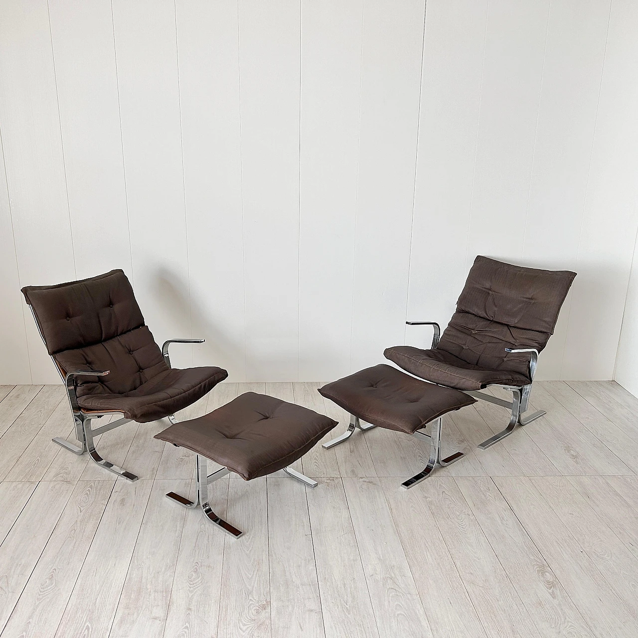 Pair of Siesta armchairs with pouf in fabric & steel by Relling, 1970s 2