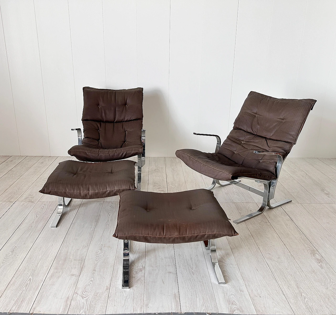 Pair of Siesta armchairs with pouf in fabric & steel by Relling, 1970s 4